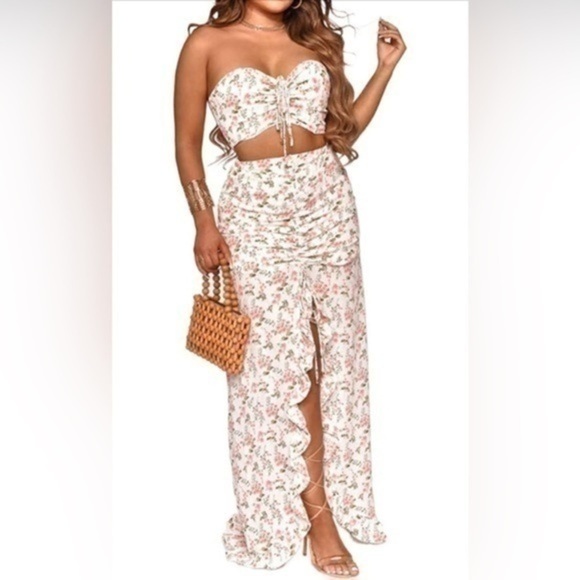 Sexy Off Shoulder Floral Printed Side Slit Two-Piece Maxi Dress Sz medium - Picture 1 of 8